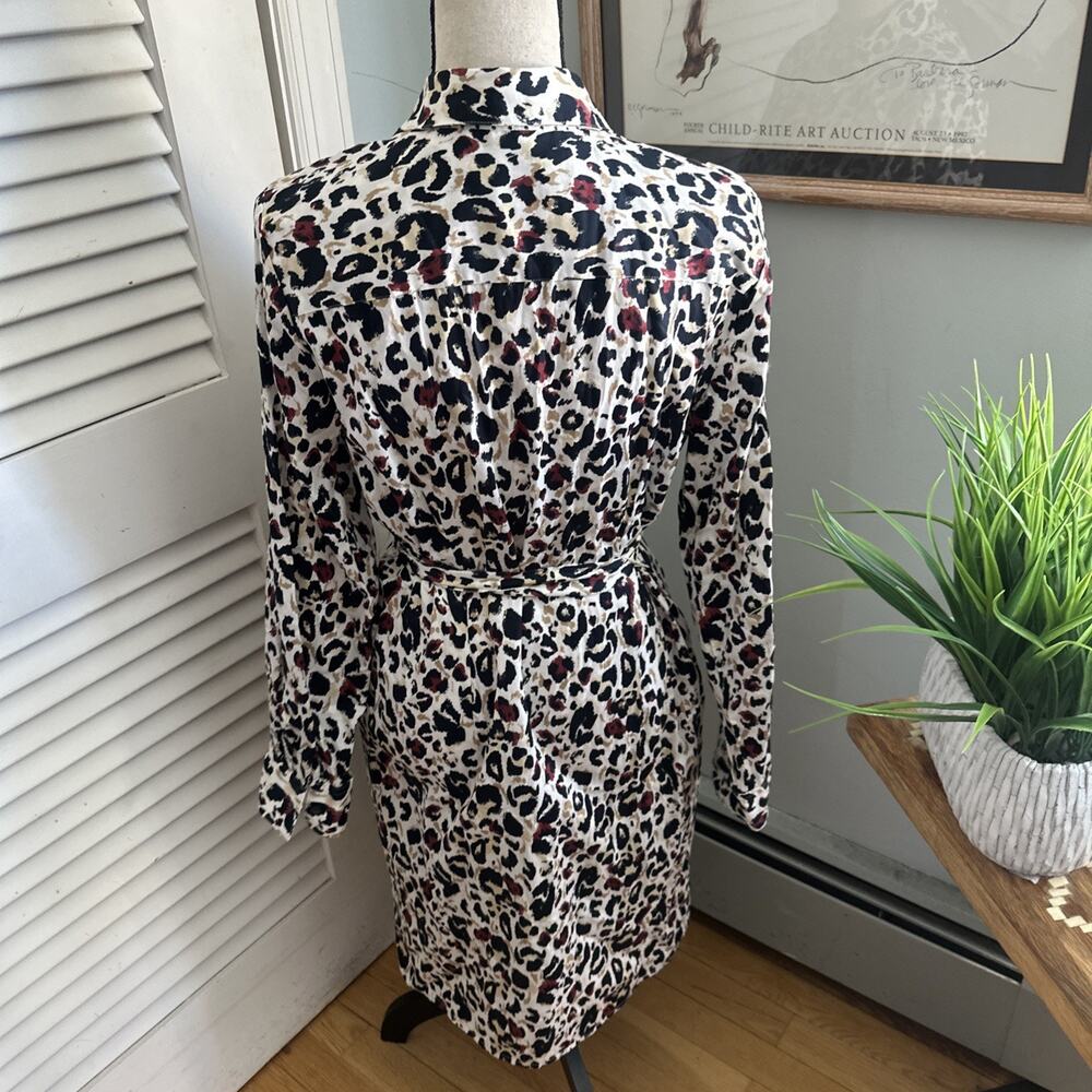 Foxcroft Shirt Dress Womens 12 Cheetah Print Belted Wrinkle Free Cotton Classic - Picture 4 of 11